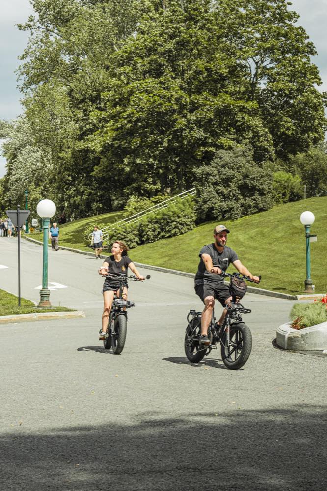 Two people ride bicycles together through a green park.